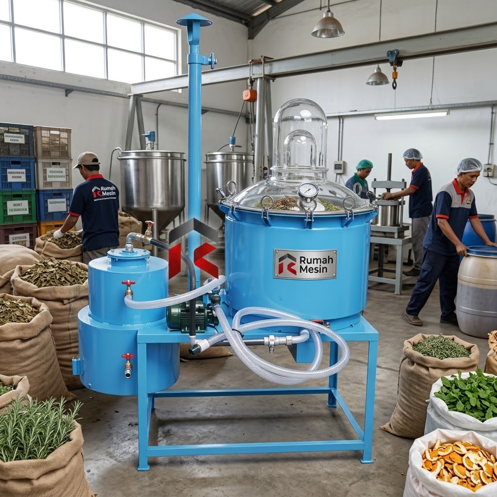 Operator memeriksa komponen mesin destilasi asap cair sebelum produksi
