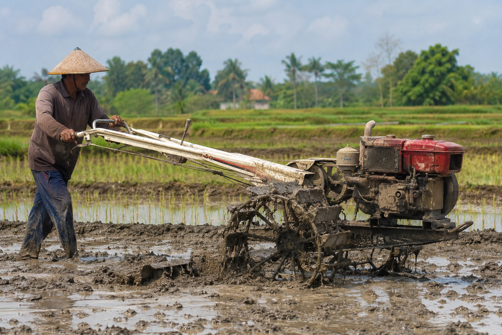 cara membajak sawah dengan hand tracktor